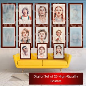 Digital konstsamling med Stranger Vibes | 20 utskrivbara affischer inspirerade av Hawkins & the Upside World | Retro akvarell väggkonst från 80-talet.