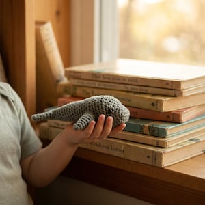May include: A gray crocheted whale toy with a rounded body, small fins, and a tail. The whale is held in a child's hand, with a stack of vintage books in the background. The toy is approximately 6 inches long.