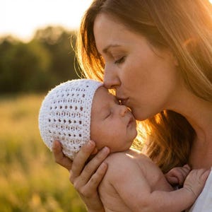 Può includere: Una madre bacia un bambino con un cappello bianco all'uncinetto. Il bambino è tenuto tra le braccia della madre, con un campo soleggiato sullo sfondo. Il cappello ha un delicato motivo a trama aperta.
