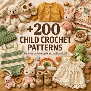 May include: A selection of handmade crochet items for children, including a teddy bear, bunny, booties, a dress, a romper, a hat, and a sweater. The image also features a rainbow and the text "+200 CHILD CROCHET PATTERNS".