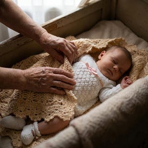 May include: A sleeping baby in a wooden crib, wrapped in a cream-colored crocheted blanket. The baby wears a white knitted outfit with a pink bow. An elderly person's hands gently cover the baby with the blanket.