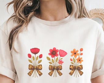 Leopard Bow Wildflower Nature Shirt Graphic Floral Bouquet Tee Aesthetic Cottagecore Garden TShirt Botanical Bloom Gift Idea For Her