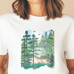 Nature Inspired Forest Cross Graphic Tee Christian Gift Idea Spiritual Mountain Landscape TShirt Gorpcore Aesthetic Wilderness Faith Shirt