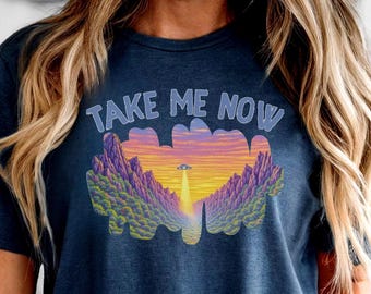 UFO Mountain Nature Tee Alien Abduction Shirt Trippy Psychedelic Gift Idea Forest Sunset Top Extraterrestrial Encounter TShirt