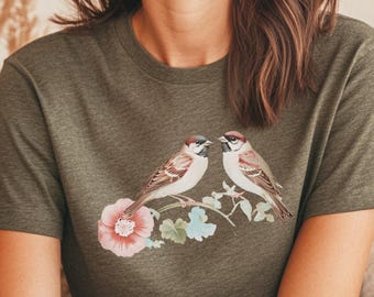 Retro Sparrow Bird Graphic TShirt Watercolor Floral Nature Top Cottagecore Bird Lover Shirt Nature Style Botanical Garden Tee Gift Idea