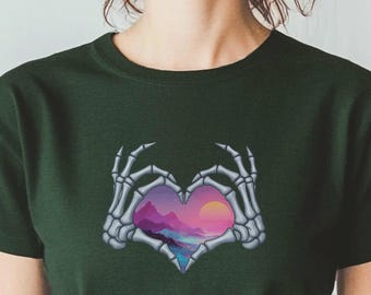 Skeleton Hand Heart Nature Landscape Tshirt Whimsigoth Sunset Mountain Aesthetic Tee Boho Gift Idea Goth Desert Top Emo Celestial Shirt Art