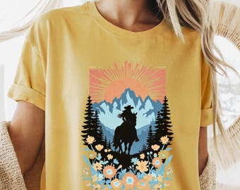 Horse Lover Gift Idea Western Cowgirl Shirt Mountain Nature Graphic Tee Wildflower Equestrian Top Sunset Riding TShirt Boho Clothing Women