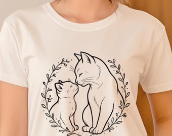Cat Mom Nature Gift Idea Mother Kitten TShirt Floral Wreath Shirt Soft Cotton Tee Minimalist Feline Top Aesthetic Animal Lover Botanical Art