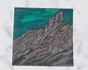 Watercolor Mountain Painting Original Dusk Sky Miniature Hand-Painted Tiny Nature Green Artwork Collectible Mini Rocky Peak Moody 3x3 Inches