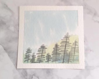 Watercolor Painting Original Miniature Pine Tree Hand-Painted Small Forest Watercolor Tiny Art 3x3 Inches