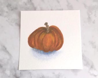 Watercolor Pumpkin Painting Original Miniature Hand-Painted Food Artwork Signed Fall Mini Series Art (3x3 Inch) For Small Frame NOT A PRINT