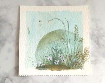 Tiny Watercolor Painting Original Whimsical Landscape Miniature Hand Painted Watercolor Artwork Collectible Mini Series Art Piece 3x3 Inches