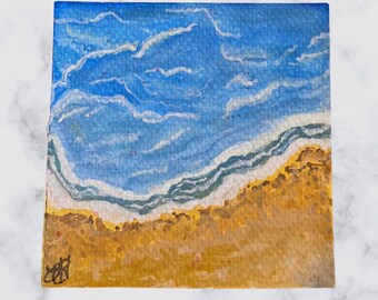 Miniature Painting Original Beach Aerial Ocean Watercolor Nature  Wave Shoreline Tiny Hand-Painted Artwork Coastal Mini Series Art 3x3”