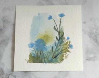 Watercolor Painting Tiny Original Miniature Blue Flowers Hand Painted Watercolor Artwork Collectible Mini Series Art Piece 3x3 Inches