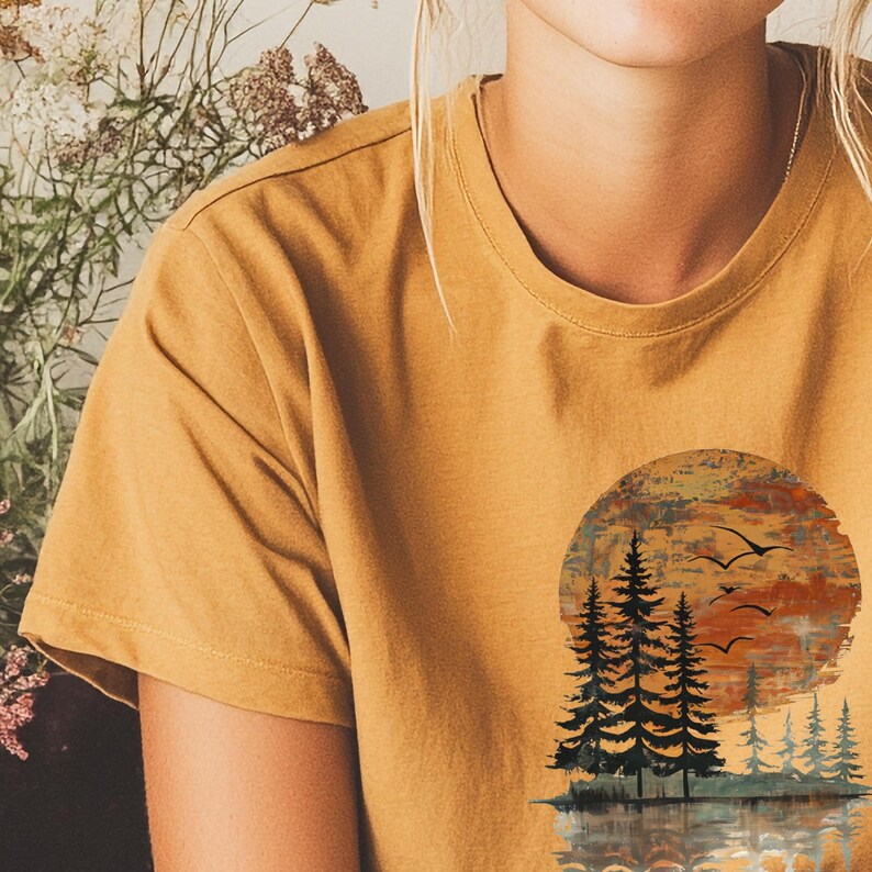 Nature Lover Gift Idea Nature Inspired Sunset Pine Tree Reflection TShirt Forest Lake Scene Graphic Shirt Hiking Aesthetic Tee Camping Top image 10