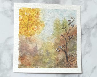 Miniature Watercolor Painting Original Small Fall Landscape Tiny Hand Painted Home Decor Artwork Collectible Mini Series Art 3x3 Inches