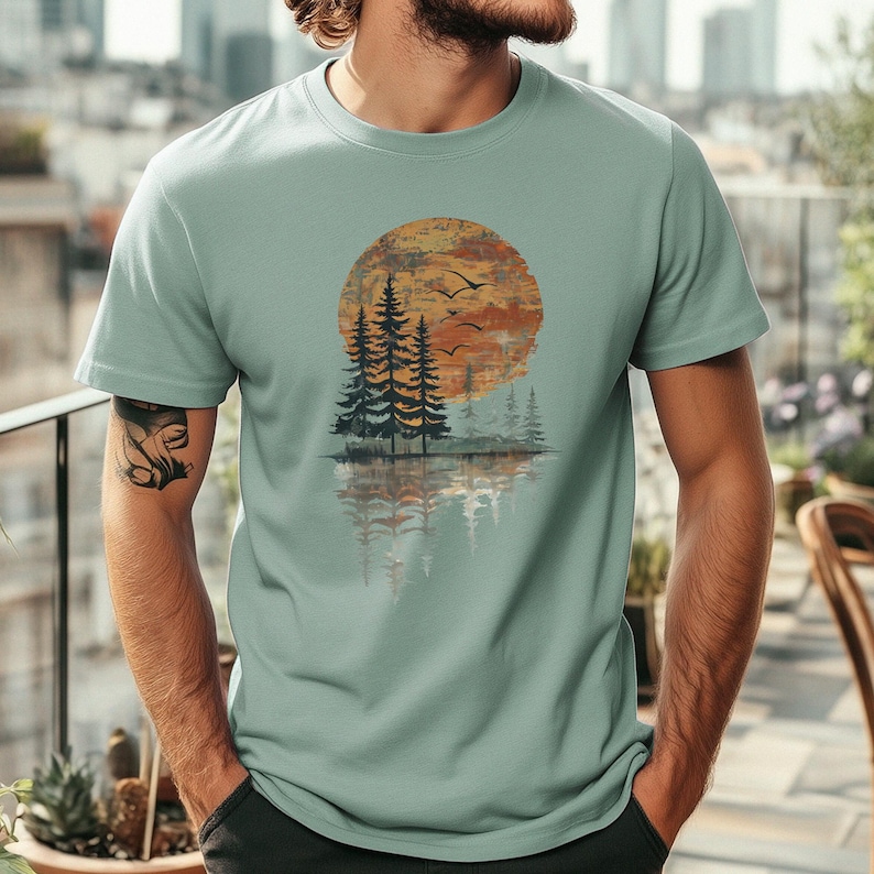 Nature Lover Gift Idea Nature Inspired Sunset Pine Tree Reflection TShirt Forest Lake Scene Graphic Shirt Hiking Aesthetic Tee Camping Top image 6