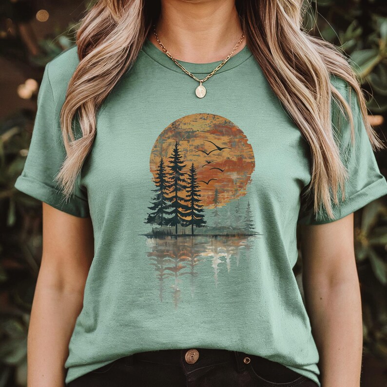 Nature Lover Gift Idea Nature Inspired Sunset Pine Tree Reflection TShirt Forest Lake Scene Graphic Shirt Hiking Aesthetic Tee Camping Top image 16