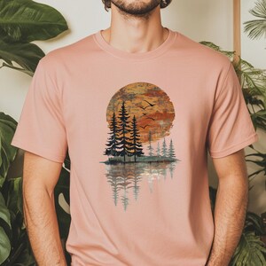 Nature Lover Gift Idea Nature Inspired Sunset Pine Tree Reflection TShirt Forest Lake Scene Graphic Shirt Hiking Aesthetic Tee Camping Top image 12