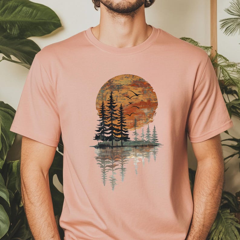 Nature Lover Gift Idea Nature Inspired Sunset Pine Tree Reflection TShirt Forest Lake Scene Graphic Shirt Hiking Aesthetic Tee Camping Top image 12