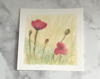 Tiny Poppy Watercolor Painting Original Miniature Hand Painted Watercolor Artwork Collectible Mini Series Art Piece 3x3 Inches