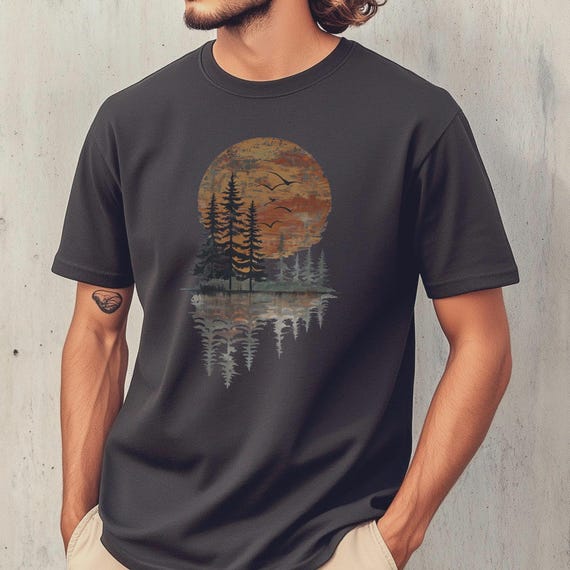 Nature Lover Gift Idea Nature Inspired Sunset Pine Tree Reflection TShirt Forest Lake Scene Graphic Shirt Hiking Aesthetic Tee Camping Top