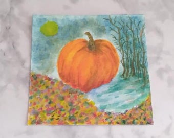 Tiny Watercolor Painting Original Pumpkin Patch Miniature Hand-Painted Watercolor Food Artwork Collectible Mini Series Art Piece 3x3 Inches