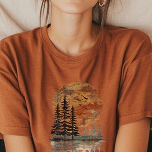 Sunset Pine Tree Reflection TShirt Forest Lake Scene Graphic Shirt