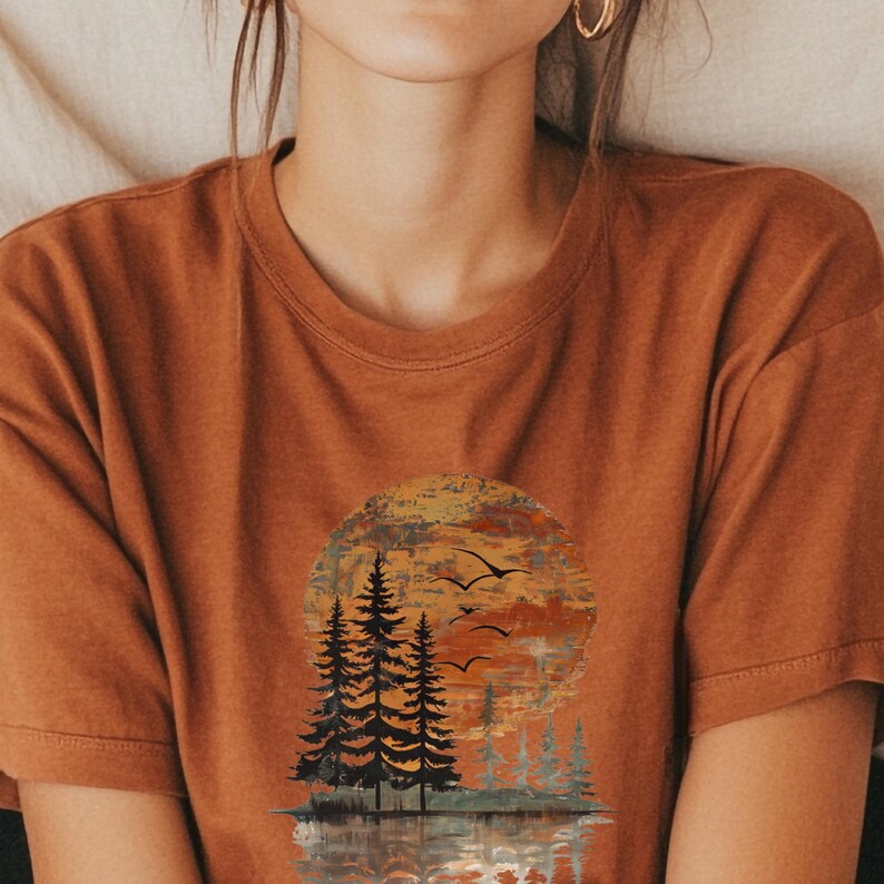 Sunset Pine Tree Reflection TShirt Forest Lake Scene Graphic Shirt