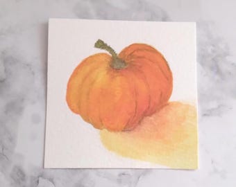 Watercolor Pumpkin Painting Original Miniature Hand-Painted Tiny Fall Food Watercolor Artwork Collectible Mini Series Art Piece 3x3 Inches