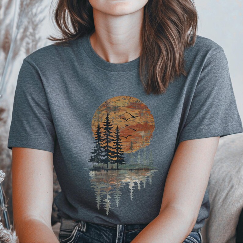 Nature Lover Gift Idea Nature Inspired Sunset Pine Tree Reflection TShirt Forest Lake Scene Graphic Shirt Hiking Aesthetic Tee Camping Top image 9