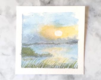 Lake Original Watercolor Painting Tiny Sunset Miniature Hand Painted Watercolor Artwork Collectible Mini Series Art Piece 3x3 Inches