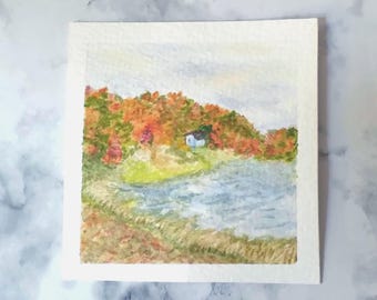 Miniature Watercolor Painting Original Virginia Autumn Lake Tiny Hand Painted Watercolor Artwork Collectible Mini Series Art Piece 3x3 Inch
