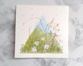 Tiny Watercolor Painting Original Summer Meadow Miniature Hand Painted Watercolor Artwork Collectible Mini Series Art Piece 3x3 Inches
