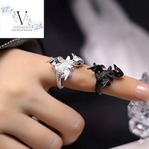 May include: Two dragon rings, one silver and one black, are displayed. The silver ring has intricate details, while the black ring has blue accents. The rings are designed to wrap around a finger, showcasing a fantasy theme.