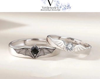 Anillos de pareja con alas de ángel y demonio: joyería ajustable con alas de murciélago