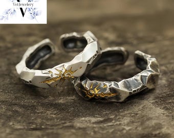 Anillos de pareja Sol y Luna - Anillos de promesa ajustables con piedra craquelada texturizada / Joyería solar nórdica vikinga