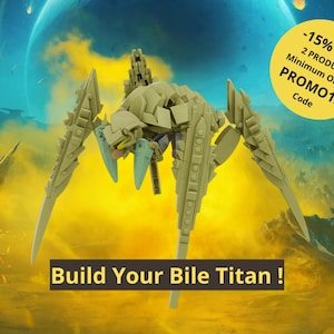 May include: A tan-colored, multi-legged creature model constructed from interlocking plastic building blocks. The figure features sharp, pointed appendages and a segmented body. Text on the image reads: -15% OFF 2 PRODUCT Minimum Order PROMO15 Code and Build Your Bile Titan !