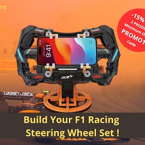 May include: A black and orange plastic construction toy steering wheel set featuring a central mount for a smartphone. The device includes mechanical components, gear-like structures, and a base. Text on the image reads: 6 + years, -15% OFF 2 PRODUCT Minimum Order PROMO15 Code, and Build Your F1 Racing Steering Wheel Set!