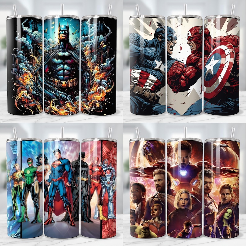 May include: A collection of six stainless steel tumblers with various superhero designs. The tumblers feature images of Batman, Captain America, Superman, and other characters from the DC and Marvel universes. Each tumbler has a clear straw.