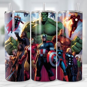 May include: A stainless steel tumbler featuring a vibrant collage of Marvel superheroes, including Captain America, Hulk, and Iron Man. The design showcases a dynamic action scene with bold colors and detailed character illustrations. Includes a clear lid and straw.