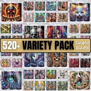 Könnte beinhalten: Eine Sammlung verschiedener Becher-Designs, darunter Totenköpfe, Blumenmuster, Tiere und abstrakte Kunst. Das Bild zeigt ein Variety Pack mit dem Text "520+ VARIETY PACK Tumbler Bundle". Die Becher sind zylindrisch und haben eine glänzende Oberfläche.