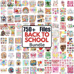 Può includere: Una raccolta di oltre 750 file digitali a tema "Ritorno a scuola". Le immagini includono vari design con grafica scolastica, come matite, mele e citazioni motivazionali per insegnanti e studenti. La tavolozza dei colori è vivace e include rosso, giallo e blu.