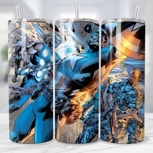 May include: A set of three stainless steel tumblers with clear straws. Each tumbler features a comic book illustration of Marvel superheroes, including Captain America, Thor, and others, in action poses. The artwork is vibrant with blue, red, and yellow hues.