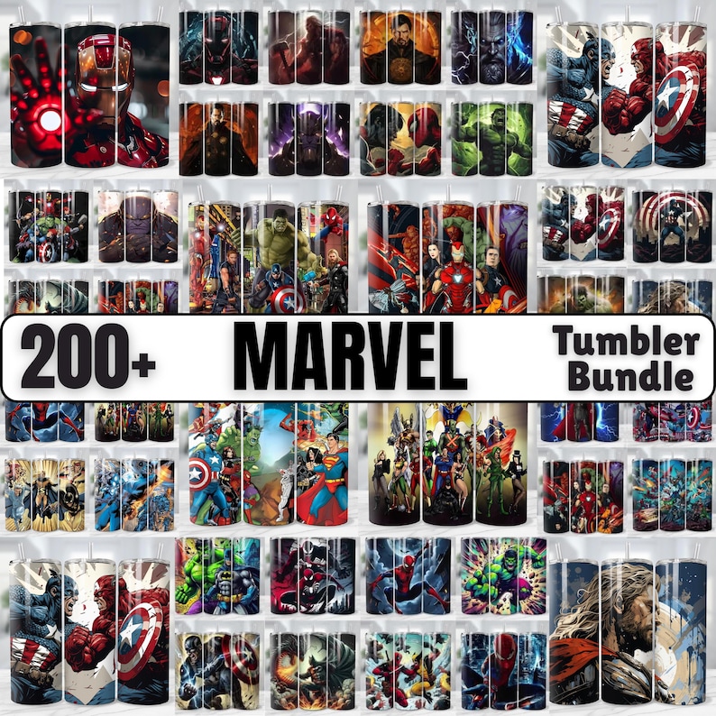 May include: A collection of Marvel-themed tumblers, featuring various characters like Iron Man, Captain America, and Hulk. The image includes the text "200+ MARVEL Tumbler Bundle."