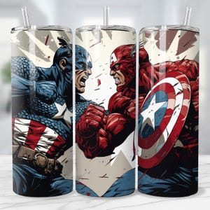 May include: Three stainless steel tumblers with Captain America illustrations. The designs feature Captain America in action poses, with a red, white, and blue color scheme. Each tumbler has a clear straw and a white background.