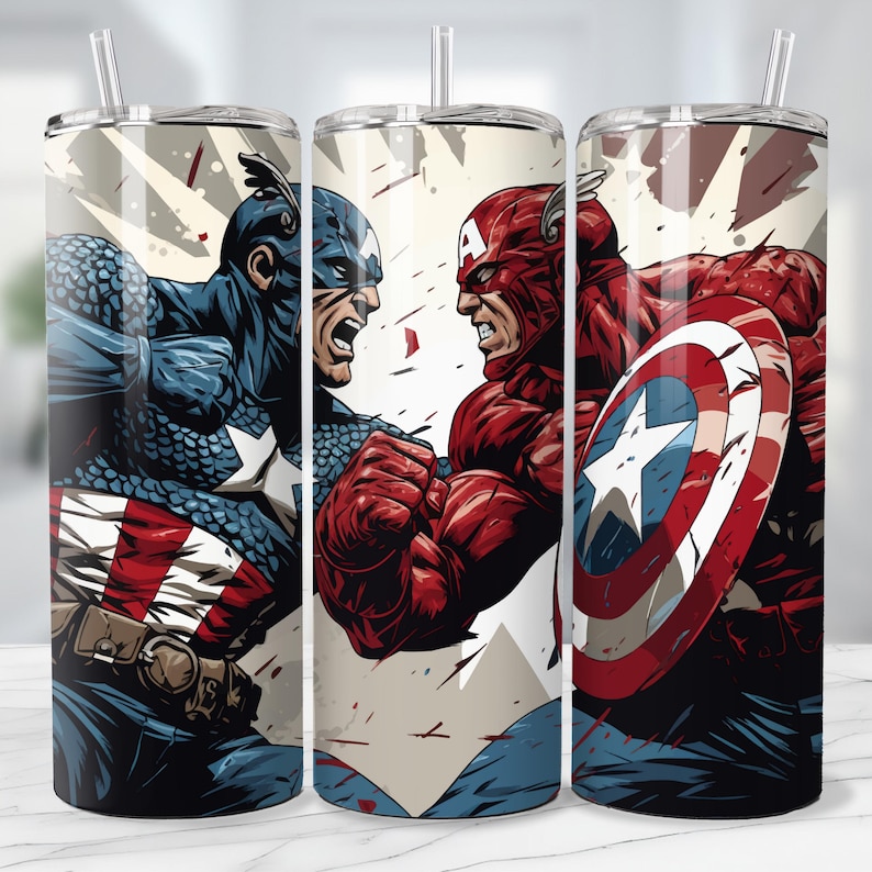 May include: Three stainless steel tumblers with Captain America illustrations. The designs feature Captain America in action poses, with a red, white, and blue color scheme. Each tumbler has a clear straw and a white background.
