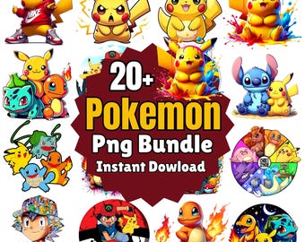 10 + Pokémon PNG-Bundle, Transparente PNGs, Cartoon PNG-Sammlung, Pikachu Art, Taschenmonster, Pokémon Sublimationsdesigns, digitales Design