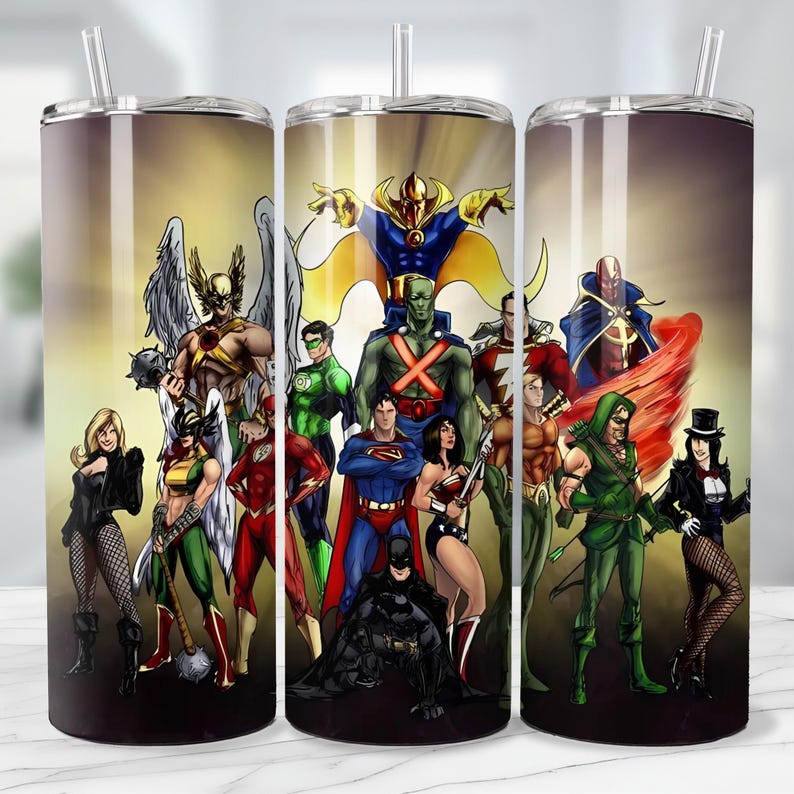 May include: A set of three stainless steel tumblers with clear straws. Each tumbler features a different group of DC Comics superheroes, including Batman, Superman, Wonder Woman, and Green Arrow, against a golden background.