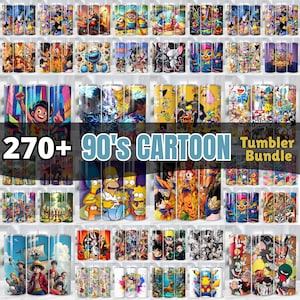 Op de afbeelding: Een verzameling van 270+ bekers met het thema cartoons uit de jaren 90. De bekers tonen verschillende cartoonpersonages en ontwerpen, met een verscheidenheid aan kleuren en stijlen. De tekst "90's Cartoon Tumbler Bundle" is zichtbaar.